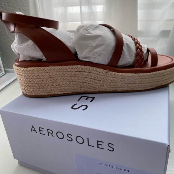 AEROSOLES Dolly Cognac Faux Leather Flatform Sandal with Braided Strap NWT - Picture 4 of 6
